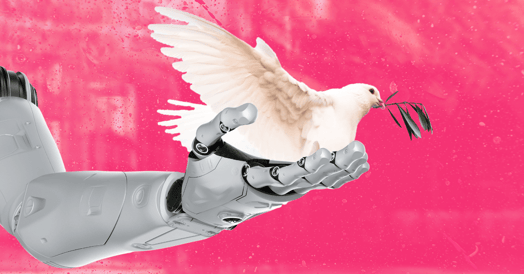 A robot arm releases a dove carrying an olive branch.