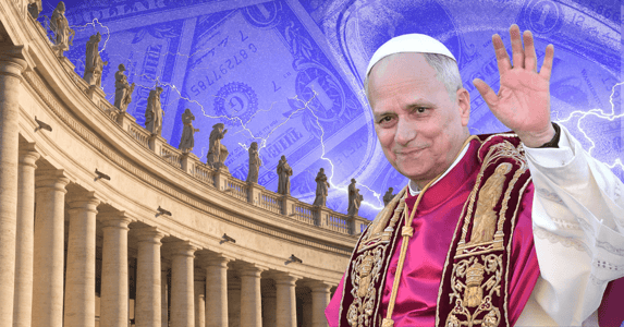 An illustration of Pope Leo in front of the Vatican with money in the background.