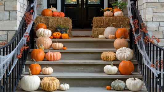 A staircase lined with numerous orange and white pumpkins, fake spider webbing, and bales of hay.