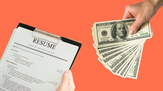 One hand holds out a resume. Another holds out a fan of hundred dollar bills. 
