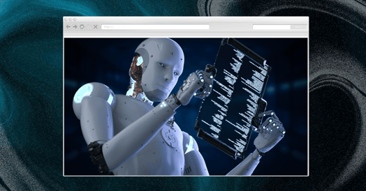 A web browser featuring a robot analyzing data. 