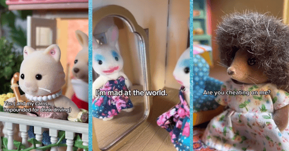 Three scenes from the TikTok account Sylvanian Drama: One depicts a cat doll saying, 