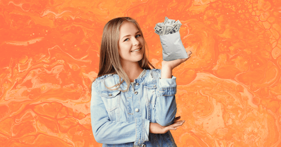 A blonde teenage woman holds a bag of cash.