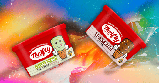 Cartons of pistachio and rocky road Thrifty ice creams against a rainbow background.