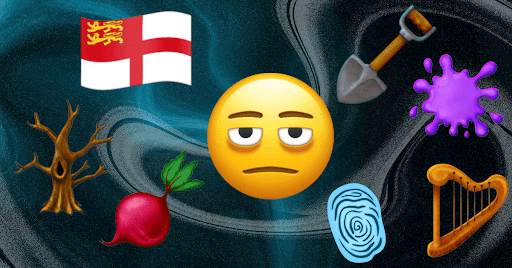 Eight new emoji: a red and white flag, a leafless tree, a beet, a harp, a fingerprint, a shovel, a tired face, and a purple splat.