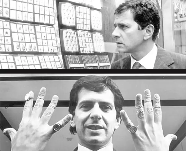 Top: Ratner surveying his goods; Bottom: Ratner proudly displaying his wares shortly after he took over as CEO of Ratners Group (via The Telegraph)