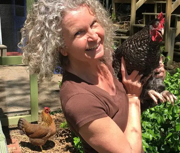 Photo of Diana Moxon with her chickens. Shamiqua in the foreground and in the Prudence background