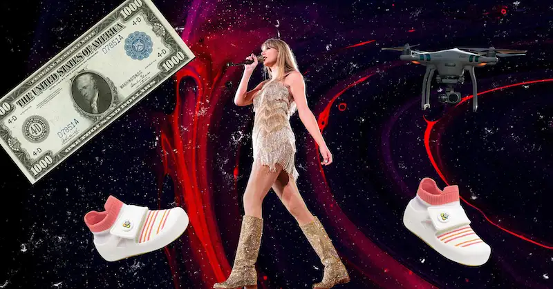 A $1k bill featuring Alexander Hamilton, pink-and-white Jbrds children’s shoes, Taylor Swift wearing a gold dress and boots singing into a microphone, and a black drone on a black-and-red background.